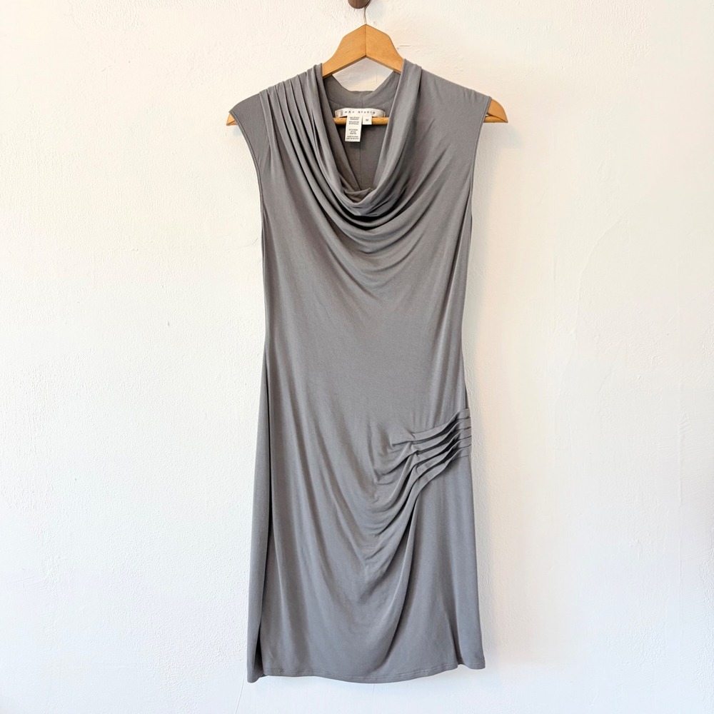 Max Studio Dress Women M Grey 1905T56 Cowl Neck Sleeveless Draped Pleated Jersey